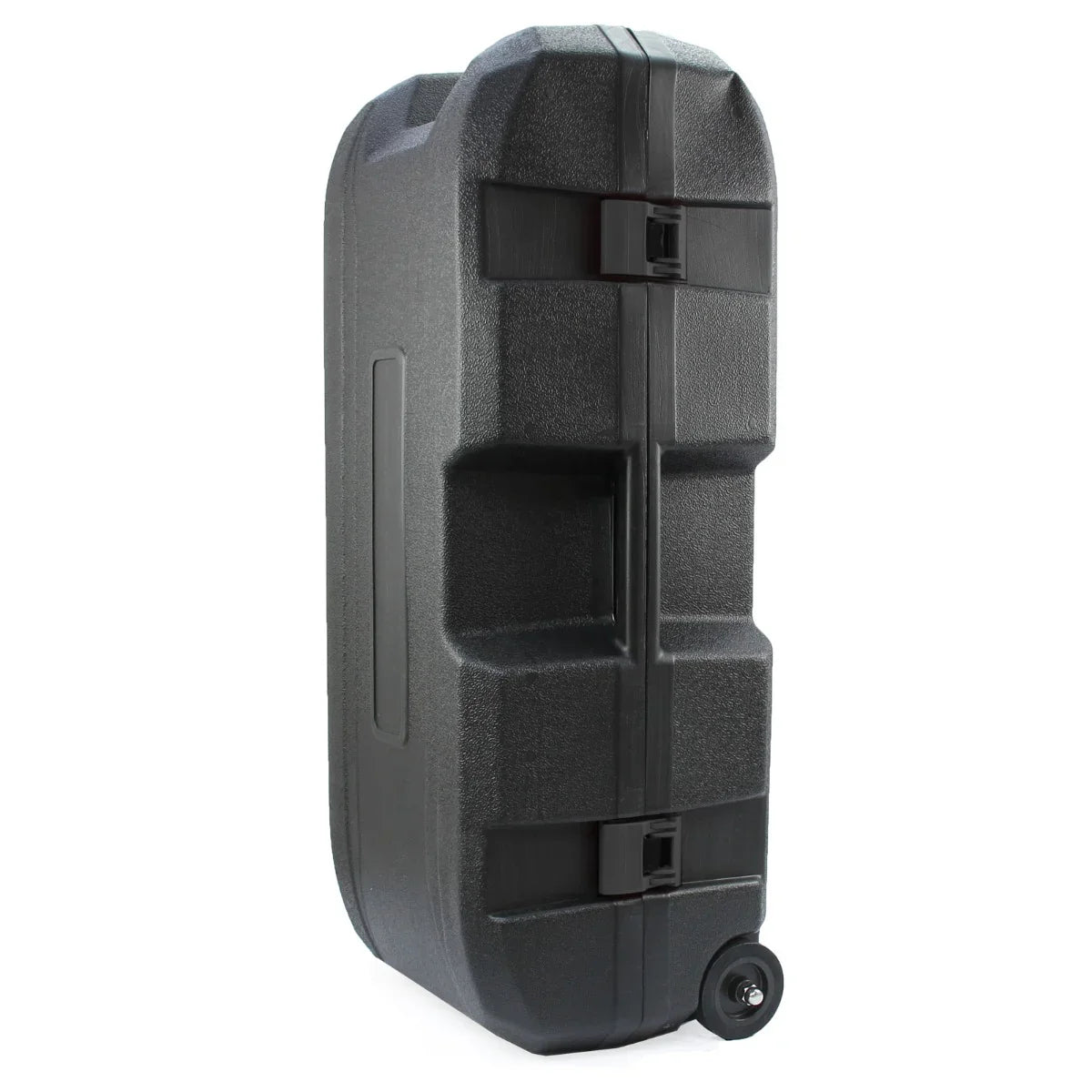 Durable black carrying case with a textured surface, featuring wheels and secure latches for easy transport of T-Mech Earth Auger