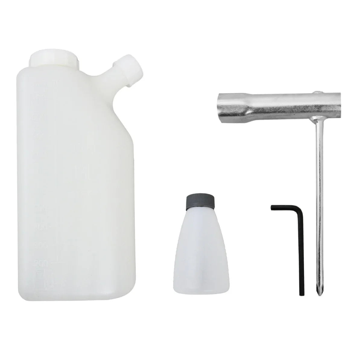 T-Mech Earth Auger kit includes a 120mm post driver, a fuel bottle, a small oil container, and an Allen key for assembly