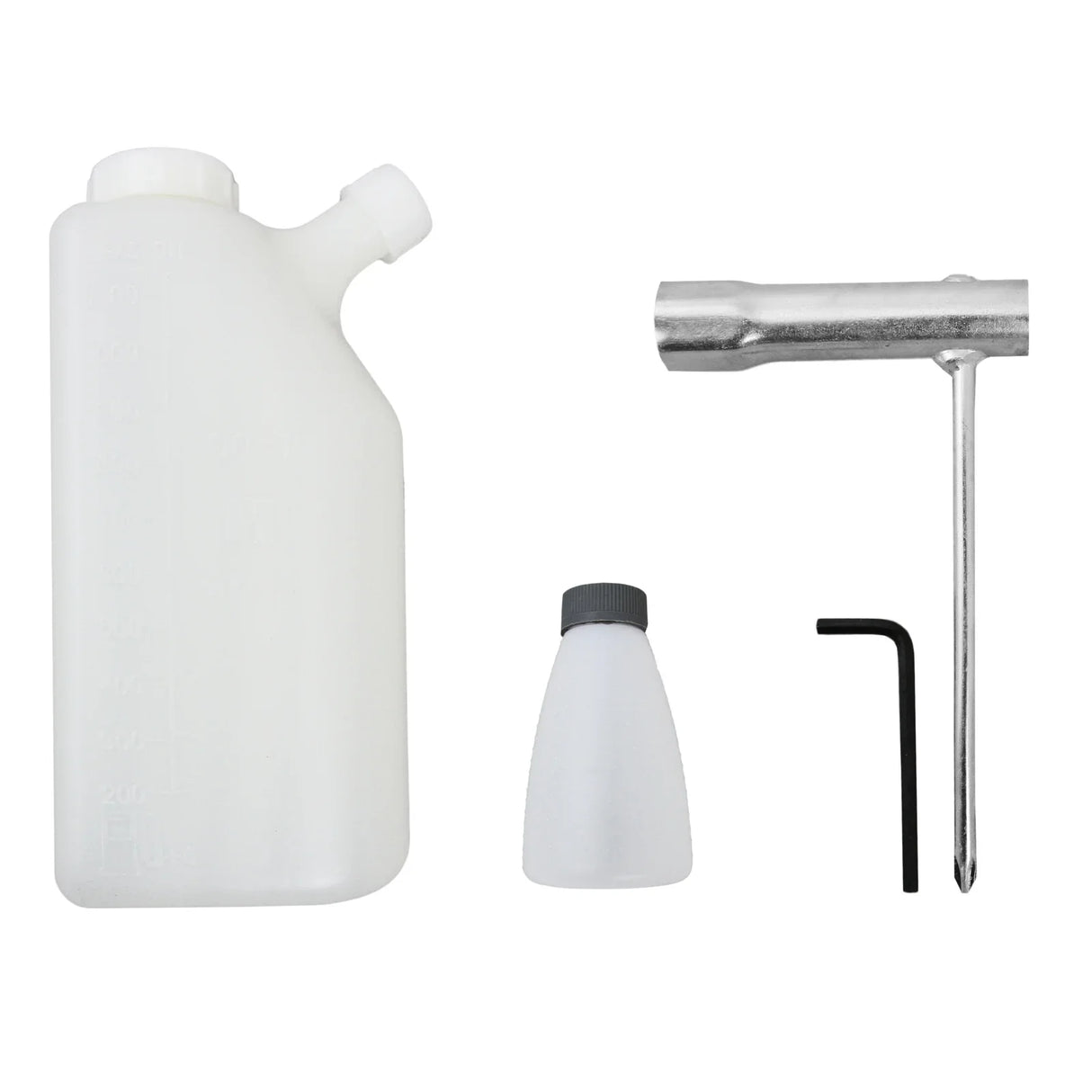 T-Mech 4-Stroke Petrol Post Driver 120mm accessories including a fuel bottle, oil container, hex key, and steel post driver tool