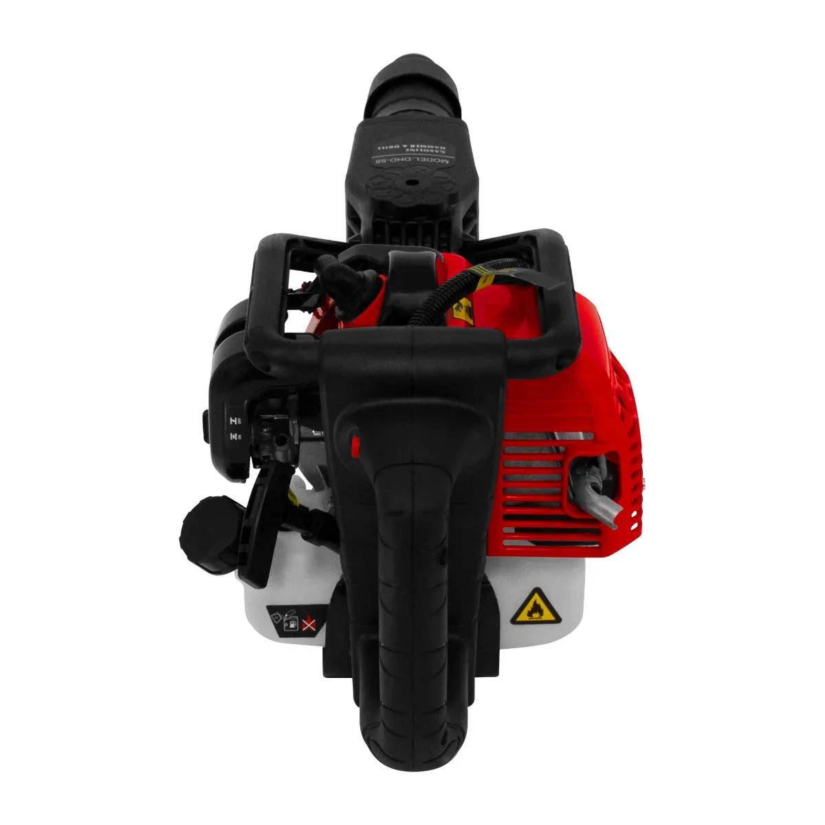 T-Mech 2-Stroke Petrol Hammer Drill in red and black, featuring a sturdy grip, exhaust port, and compact design for powerful drilling