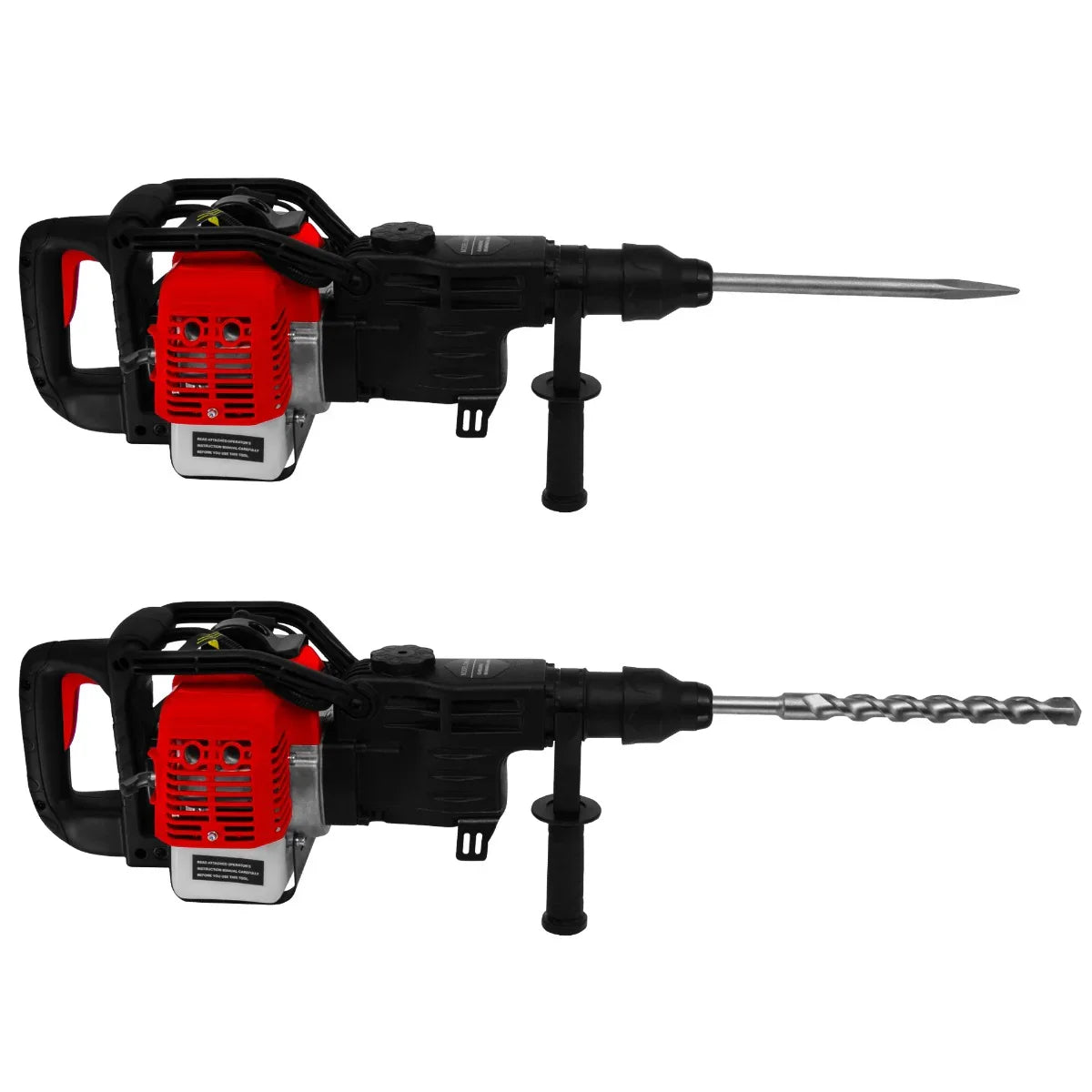 T-Mech 2-Stroke Petrol Hammer Drill featuring a red engine casing, dual drill bits, and ergonomic black handles for comfort and control