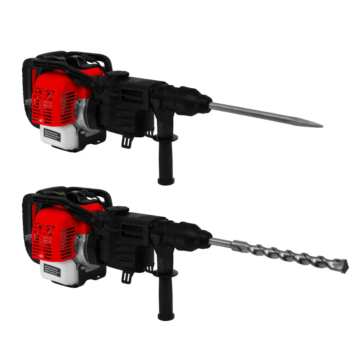 T-Mech 2-Stroke Petrol Hammer Drill with a red and black design, featuring interchangeable drill bits for versatile use