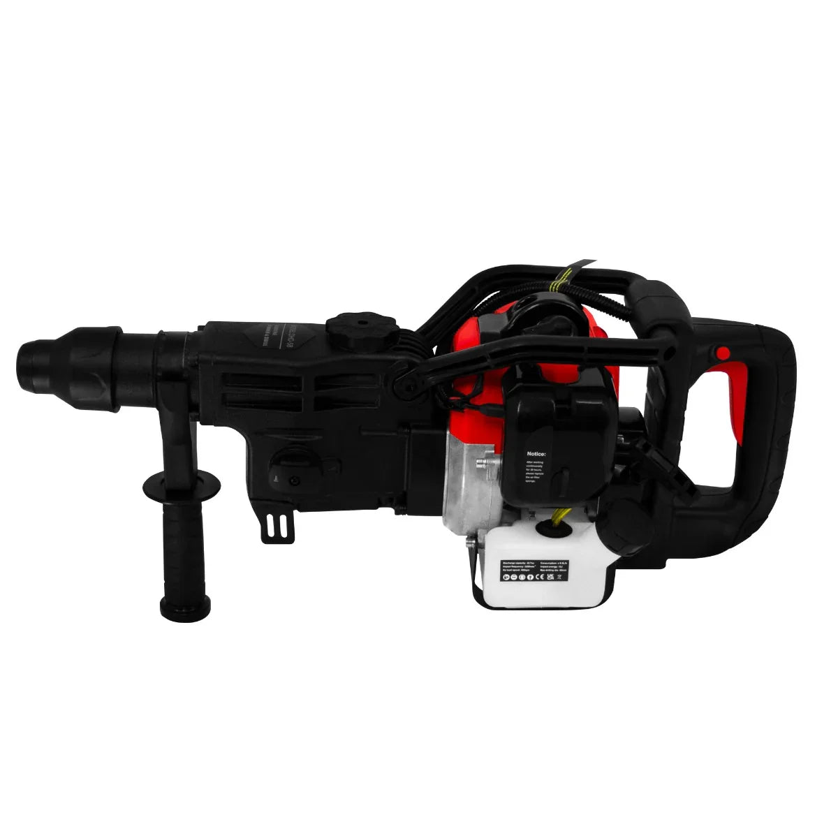 T-Mech 2-Stroke Petrol Hammer Drill in black and red, featuring a robust design, textured grip, and powerful drill head for heavy-duty tasks