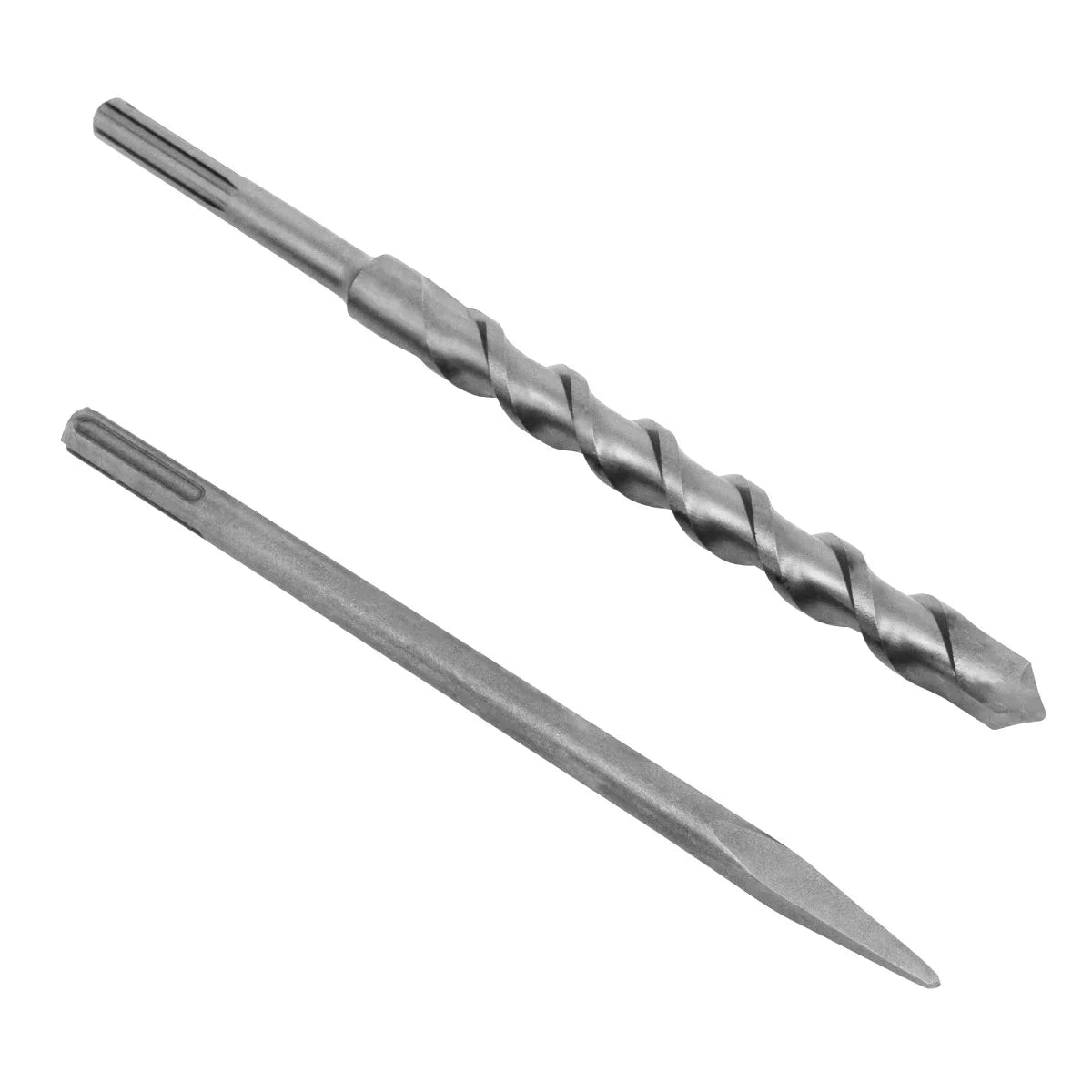 Two metal drill bits for the T-Mech 2-Stroke Petrol Hammer Drill, featuring a twisted design and a pointed chisel tip for versatile drilling and chiseling tasks