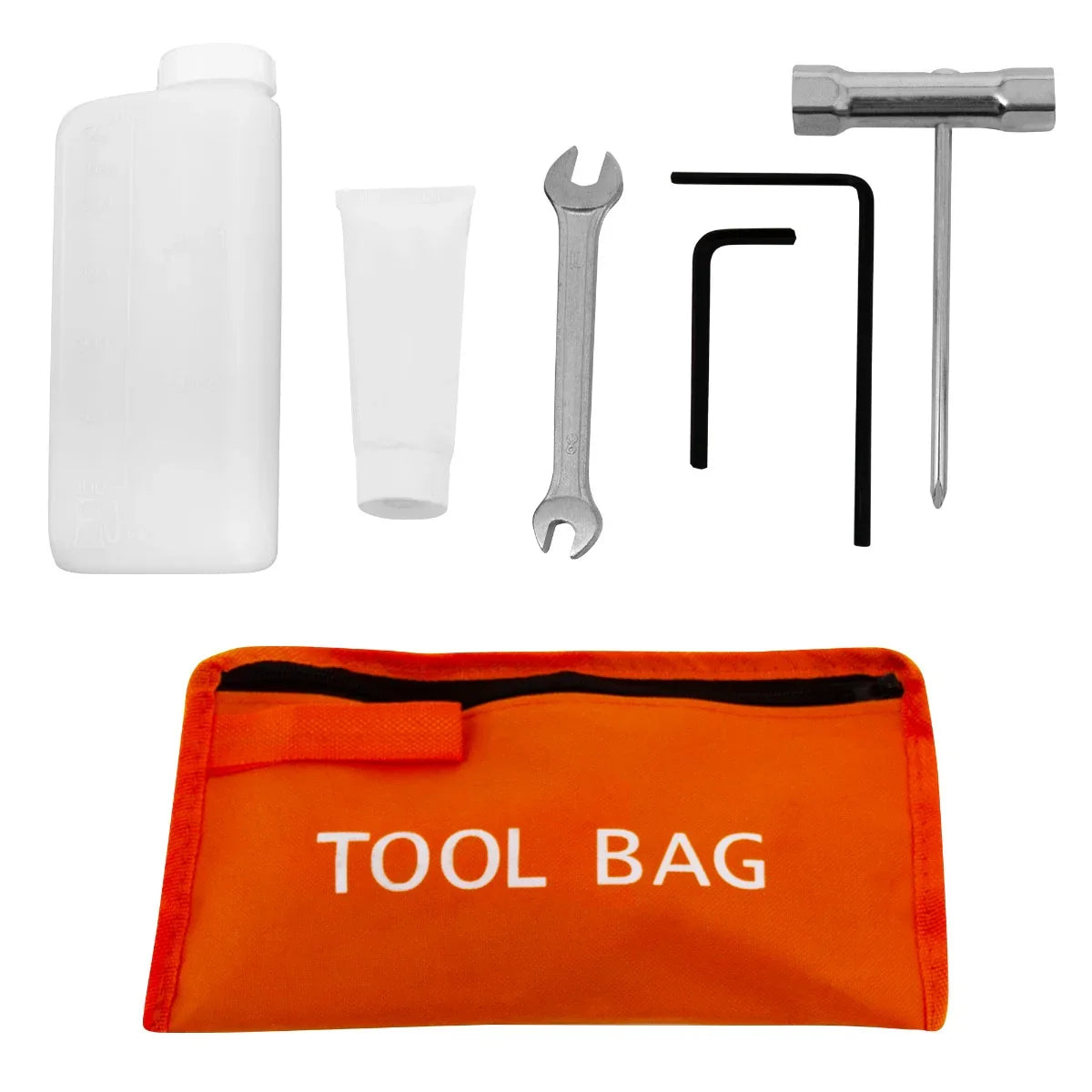 T-Mech 2-Stroke Petrol Hammer Drill accessory kit including a tool bag, oil bottle, grease tube, wrench, and hex keys in vibrant orange
