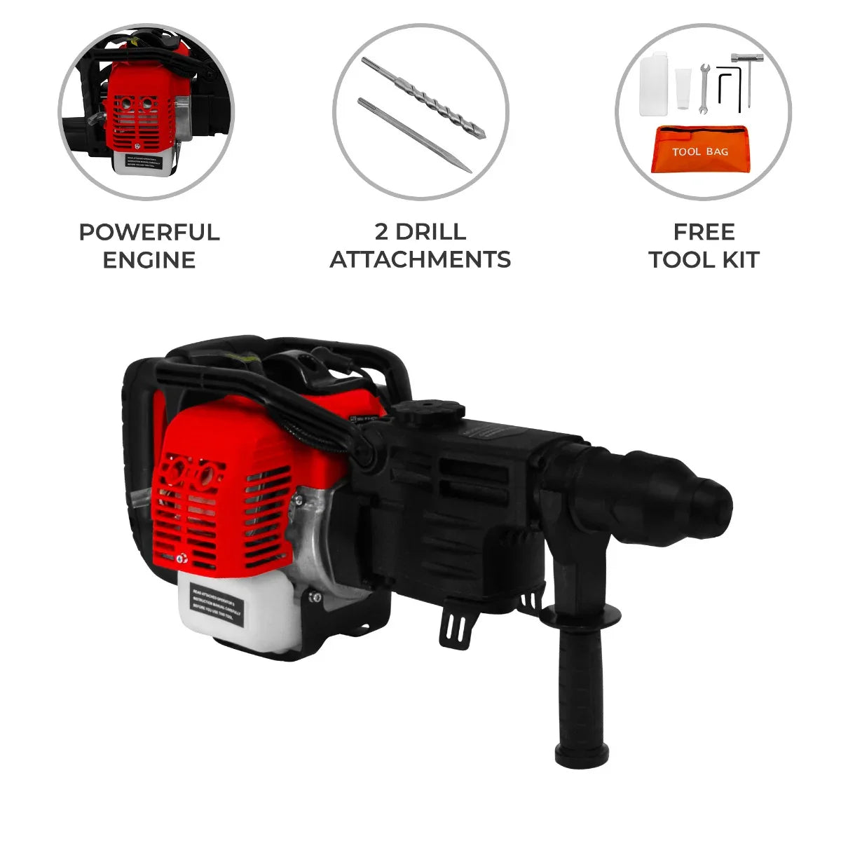 T-Mech 2-Stroke Petrol Hammer Drill in red and black, featuring a powerful engine, two drill attachments, and a free tool kit