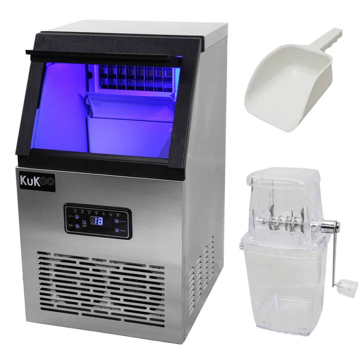 KuKoo Commercial Ice Machine in stainless steel with blue interior light, featuring a digital display and ice scoop included