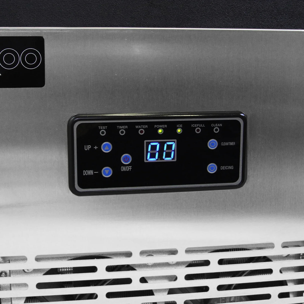 Digital control panel of the KuKoo Commercial Ice Machine, featuring buttons for power, timer, and ice settings with a blue LED display