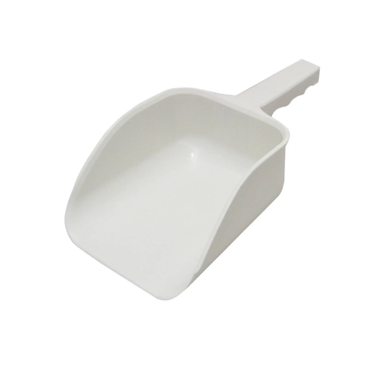 White plastic ice scoop with a deep, curved bowl and a sturdy handle, ideal for serving ice from the KuKoo Commercial Ice Machine