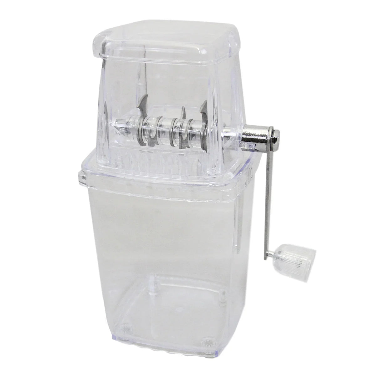 KuKoo Commercial Ice Machine with a clear plastic body, metal crank handle, and compact design for easy ice production
