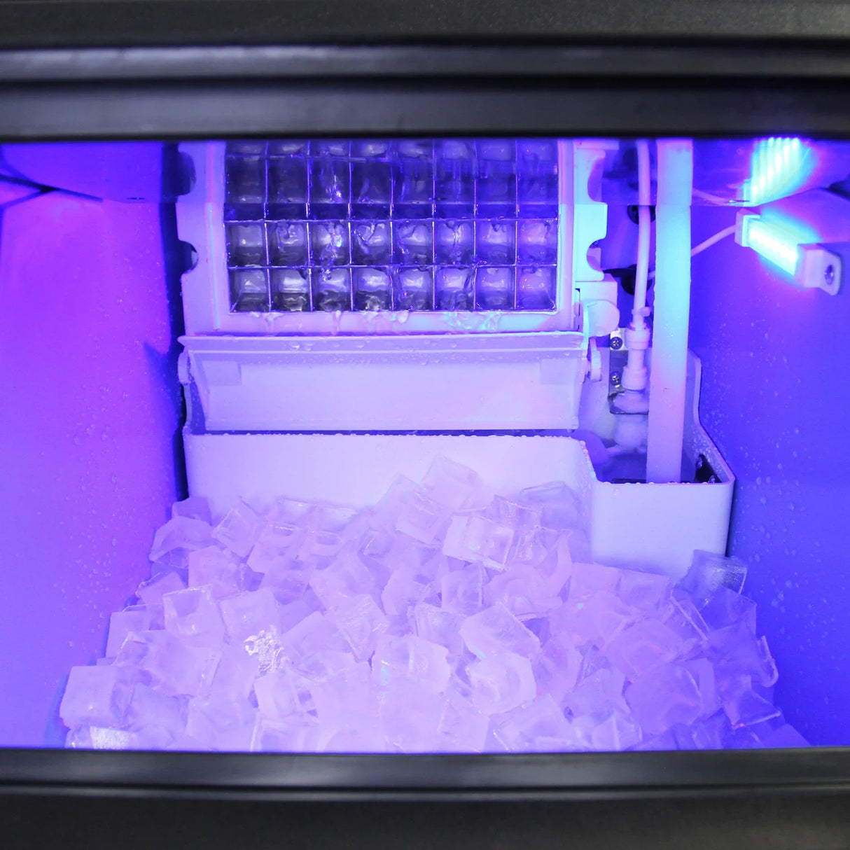 KuKoo Commercial Ice Machine interior showing clear ice cubes, illuminated by blue light, with an organized ice storage compartment