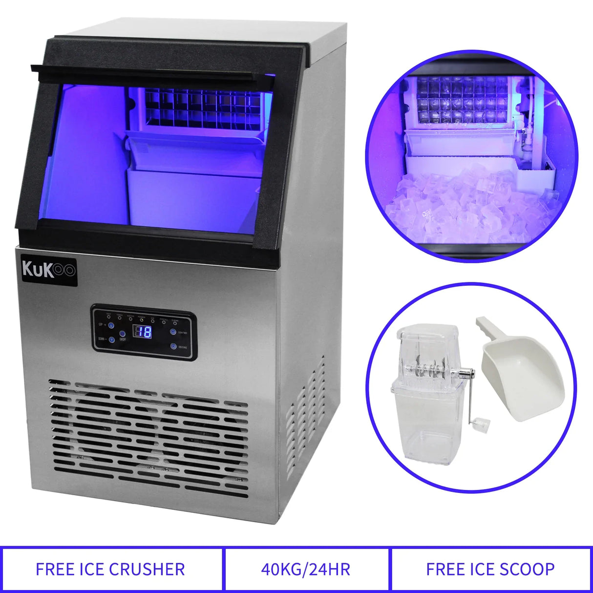 KuKoo Commercial Ice Machine with stainless steel finish, illuminated interior, ice bin, and included ice scoop and crusher
