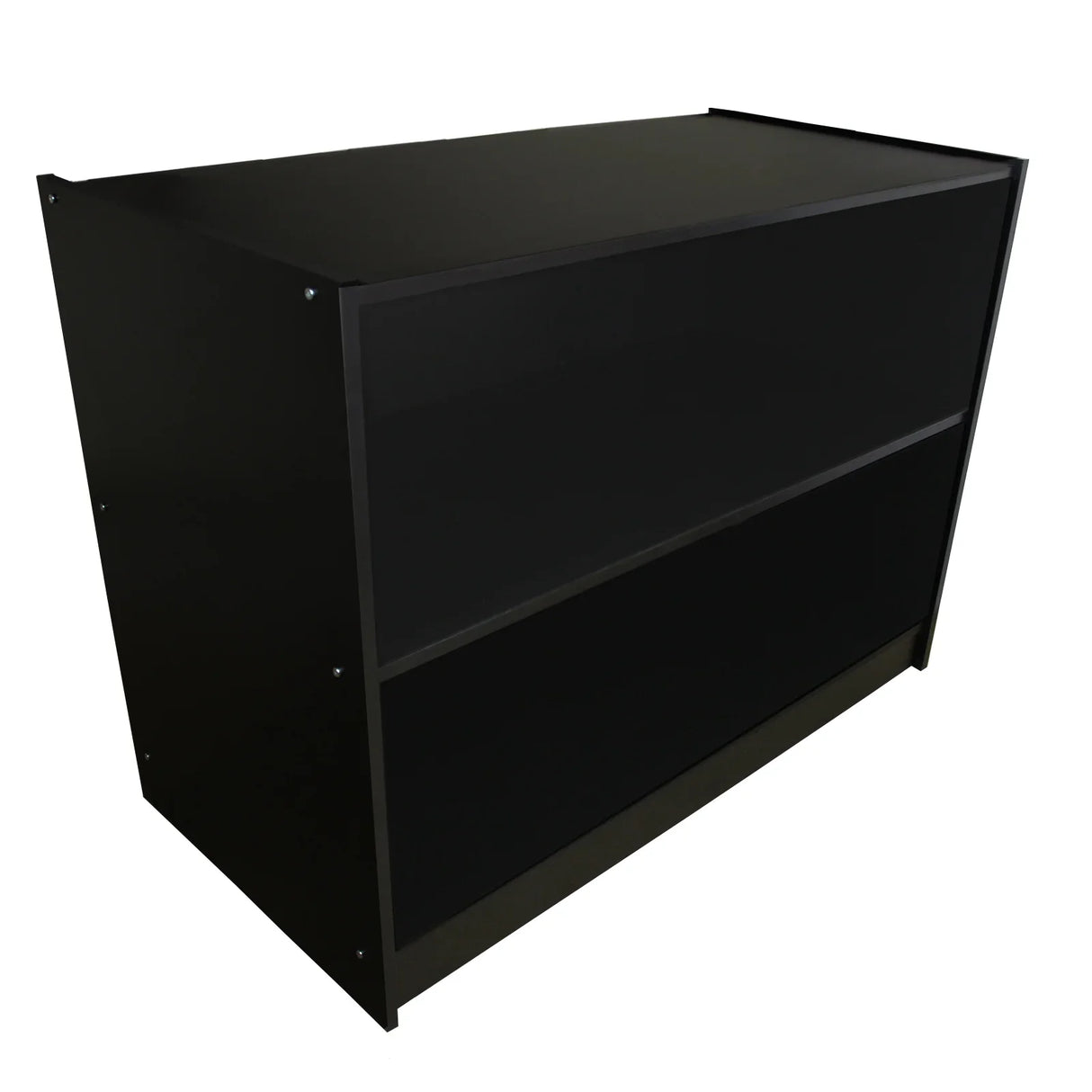 Sleek black retail shop counter with a smooth finish, featuring two spacious shelves for display and storage, ideal for stores