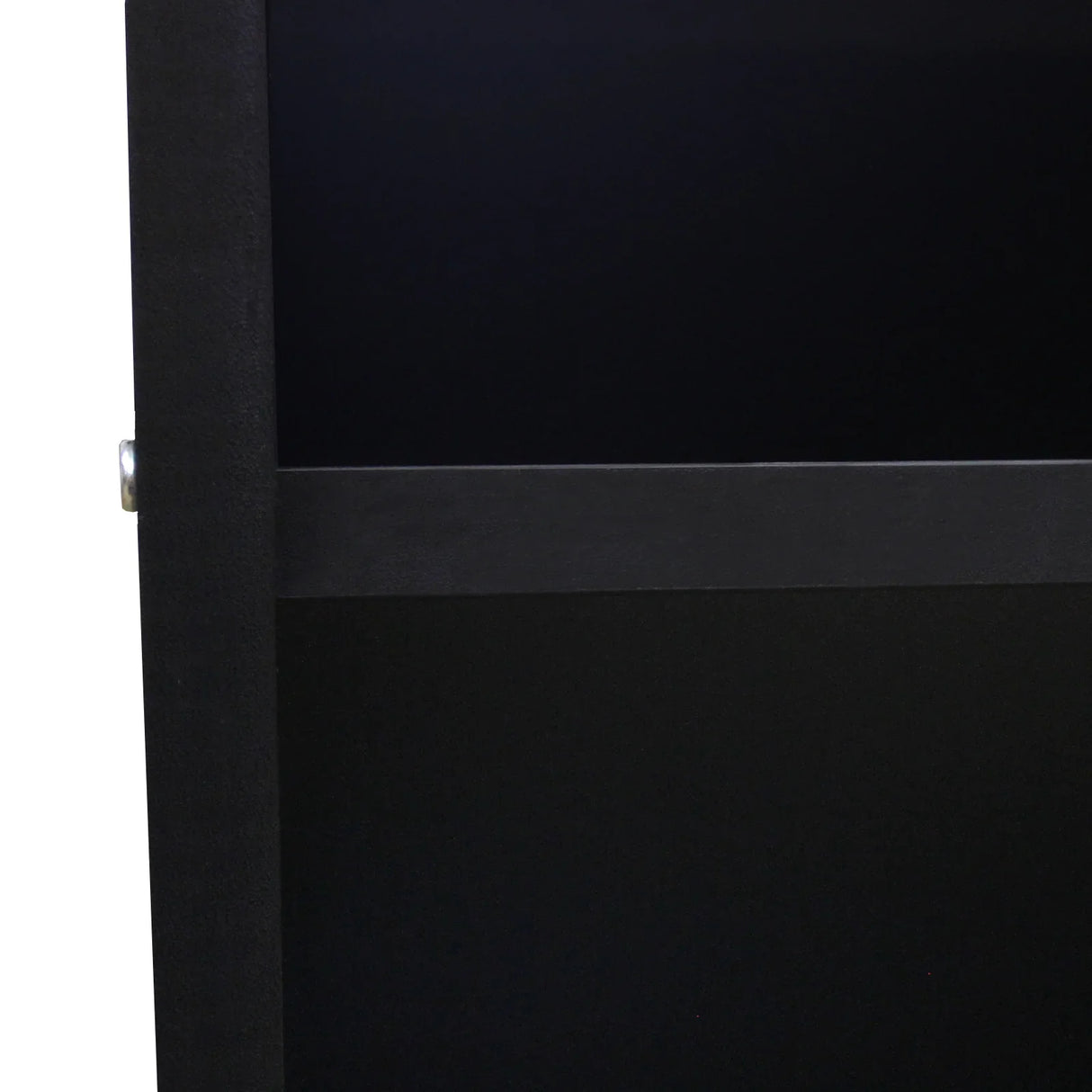 Sleek black A1200 retail shop counter featuring a smooth finish and sturdy construction, ideal for modern retail environments
