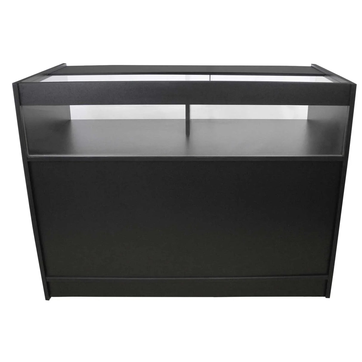 B1200 retail shop counter in sleek black finish with glass display top, modern design, and spacious storage area for merchandise