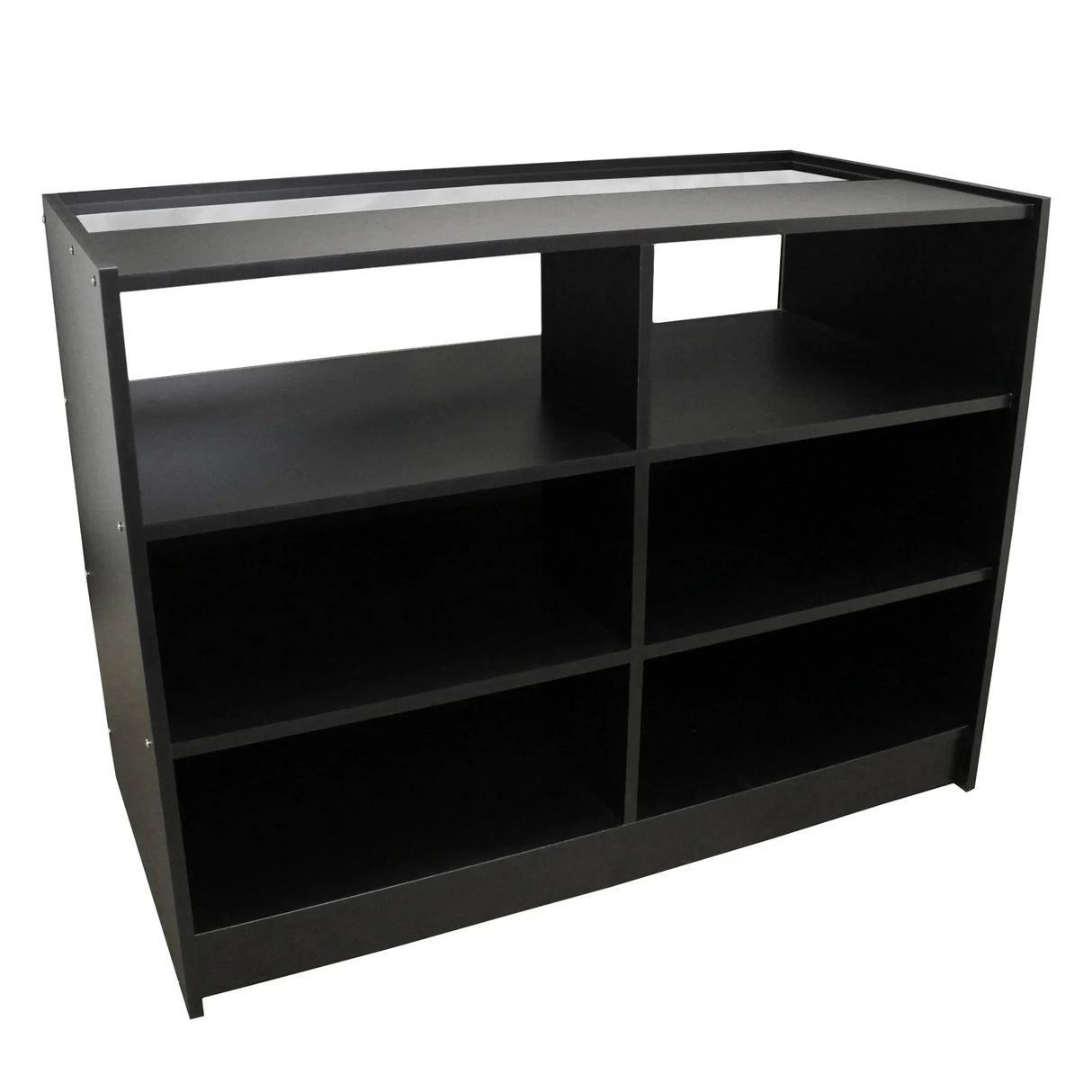 B1200 retail shop counter in sleek black, featuring open shelves and a modern design, ideal for displaying products and enhancing store aesthetics
