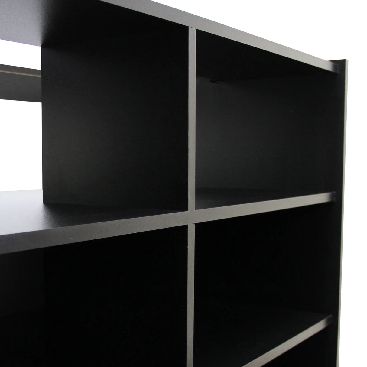 B1200 retail shop counter in sleek black finish featuring open shelving and a modern design, ideal for displaying products