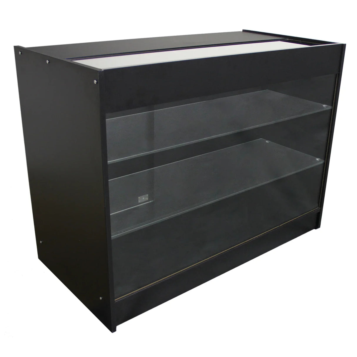 K1200 retail display cabinet in sleek black, featuring three glass shelves and a sturdy frame, ideal for showcasing products