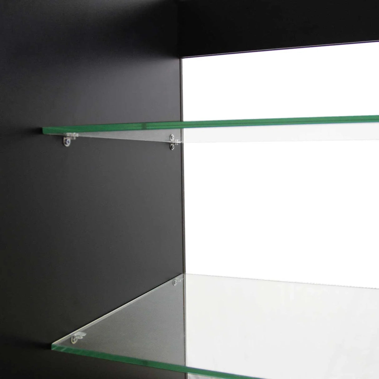 Black K1200 retail display cabinet featuring sleek glass shelves and a modern design, ideal for showcasing products in style