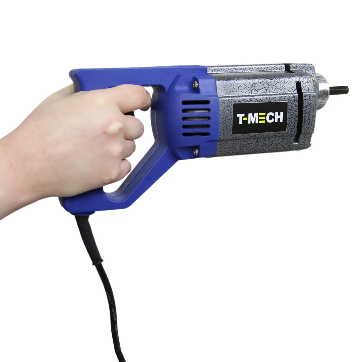 T-Mech concrete vibrator with a blue ergonomic handle, silver motor casing, and a power cord, ideal for efficient concrete mixing