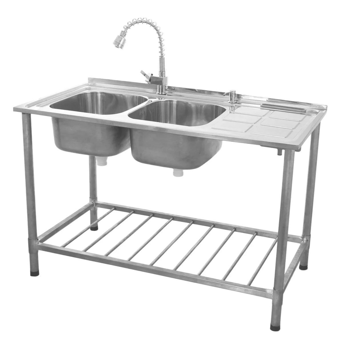 Commercial double bowl catering sink with right-hand drainer, stainless steel finish, sturdy frame, and adjustable faucet