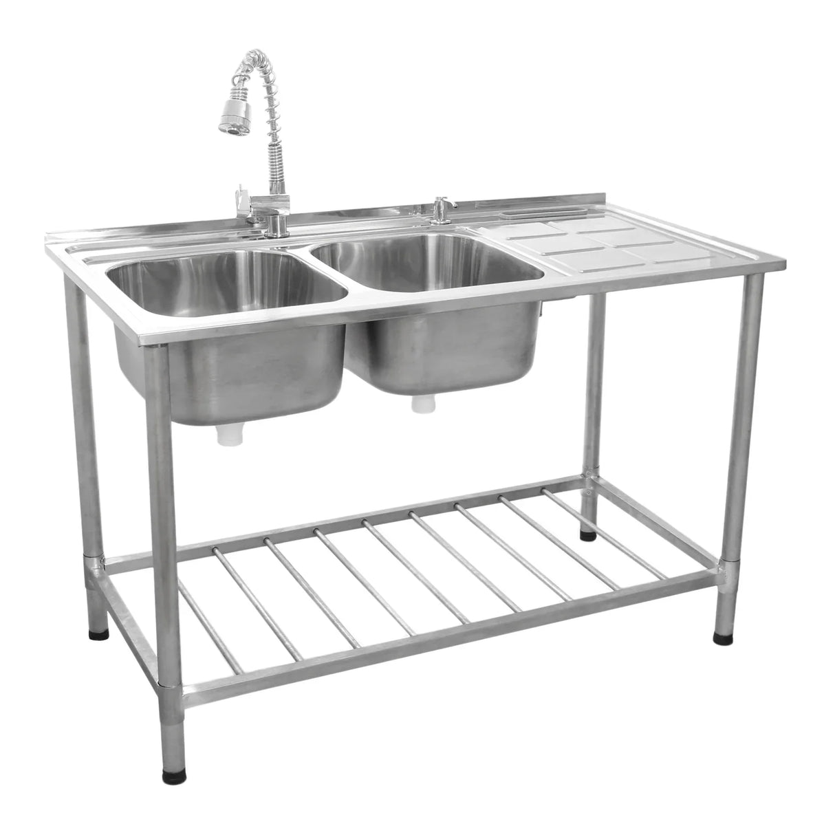 Commercial double bowl catering sink with right-hand drainer, stainless steel construction, sturdy legs, and adjustable faucet