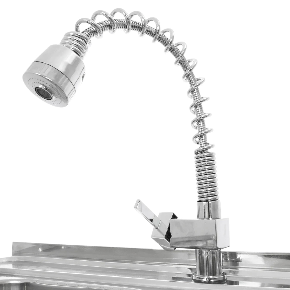 Commercial catering sink with double bowls, right-hand drainer, featuring a flexible chrome faucet with a spiral neck and lever handle