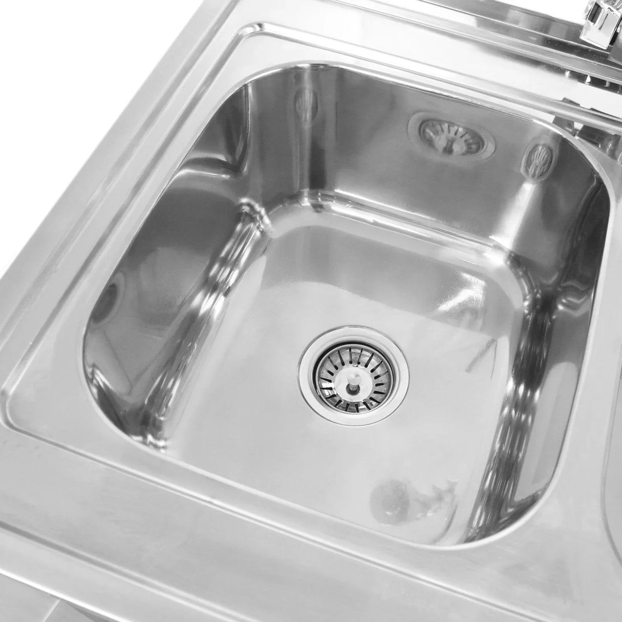 Stainless steel double bowl catering sink with right-hand drainer, featuring a polished finish and central drain for efficient water flow