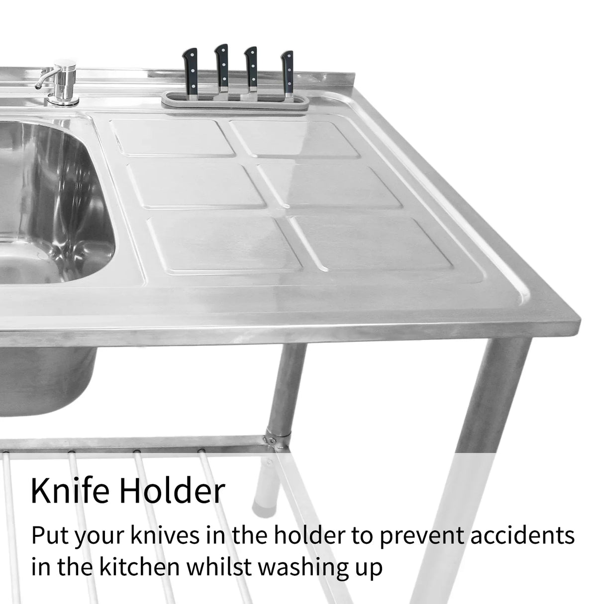 Stainless steel double bowl catering sink with right-hand drainer, featuring a knife holder for safe storage during washing