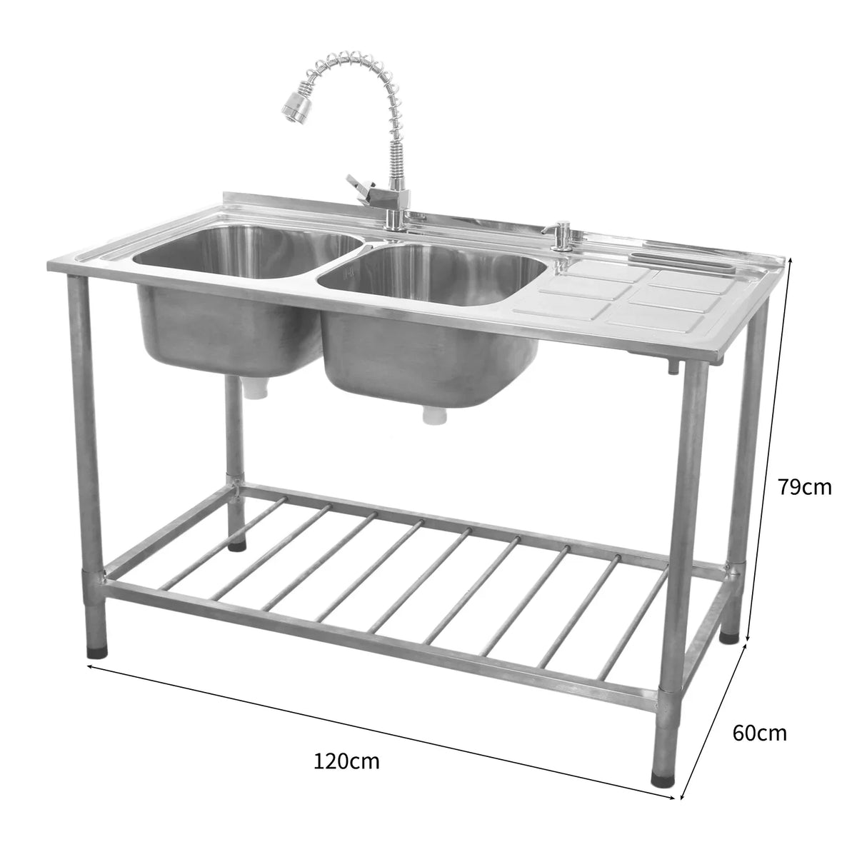 Stainless steel double bowl commercial catering sink with right-hand drainer, featuring a sleek design and sturdy frame