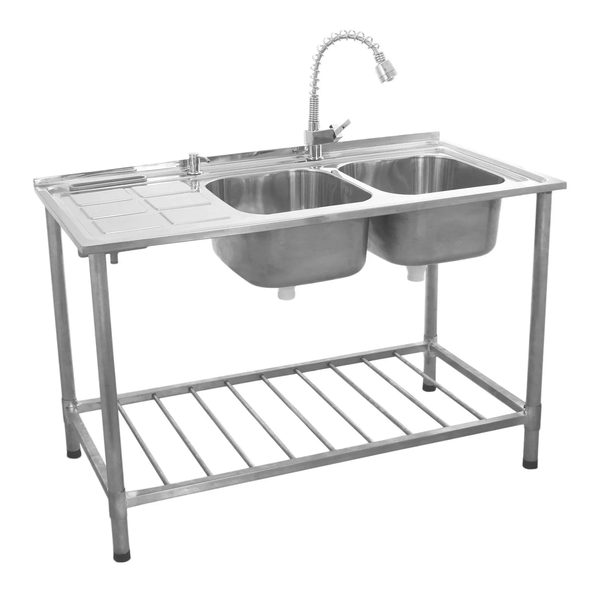 Commercial double bowl catering sink with left hand drainer, stainless steel construction, adjustable faucet, and sturdy frame