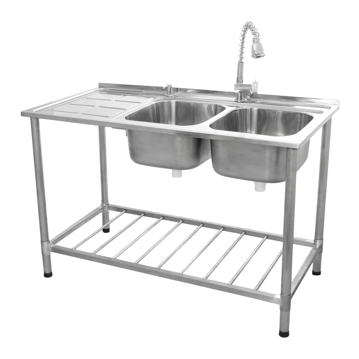 Stainless steel double bowl catering sink with left hand drainer, featuring a sleek design and sturdy base for commercial use