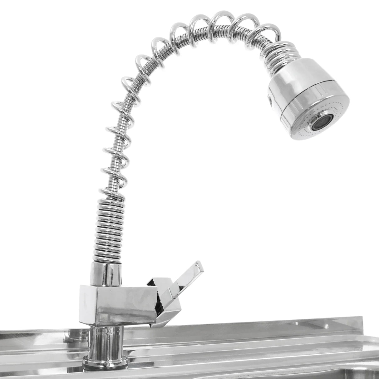Chrome flexible faucet with a spiral neck, designed for the KuKoo Commercial Catering Sink Double Bowl with left-hand drainer