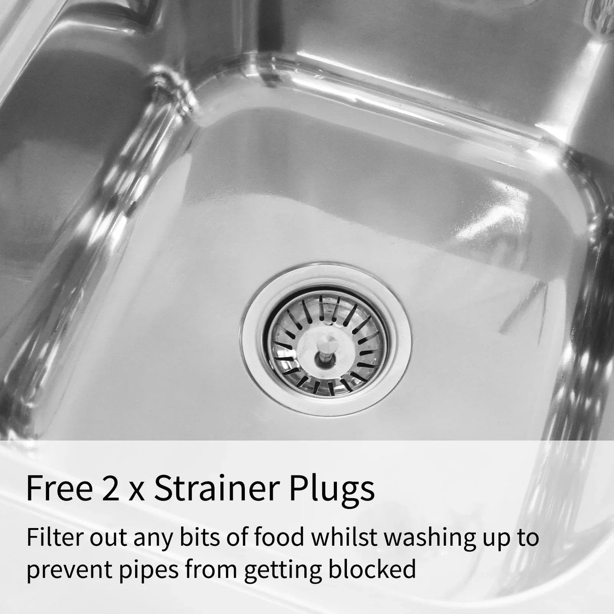 Stainless steel double bowl catering sink with a left-hand drainer and two strainer plugs to prevent pipe blockage