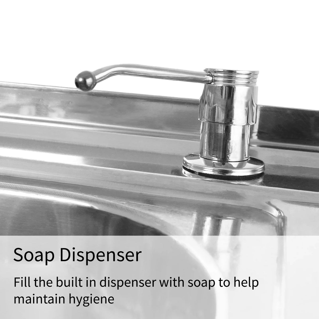 Stainless steel soap dispenser on a commercial double bowl sink, designed for easy access and hygiene maintenance