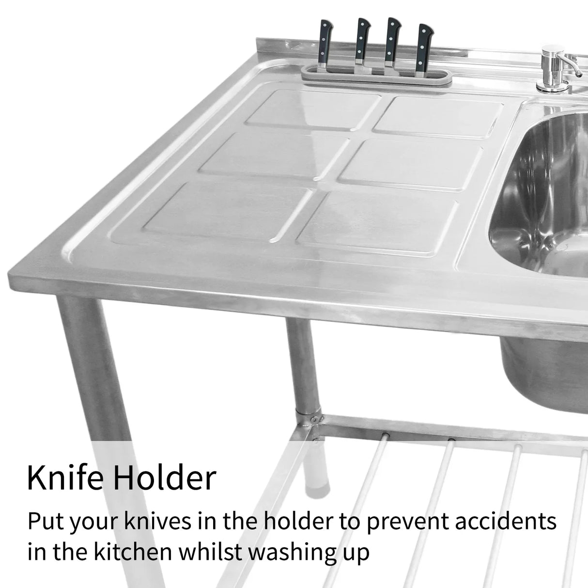 Stainless steel double bowl catering sink with left-hand drainer, featuring a knife holder and sturdy support legs for commercial use