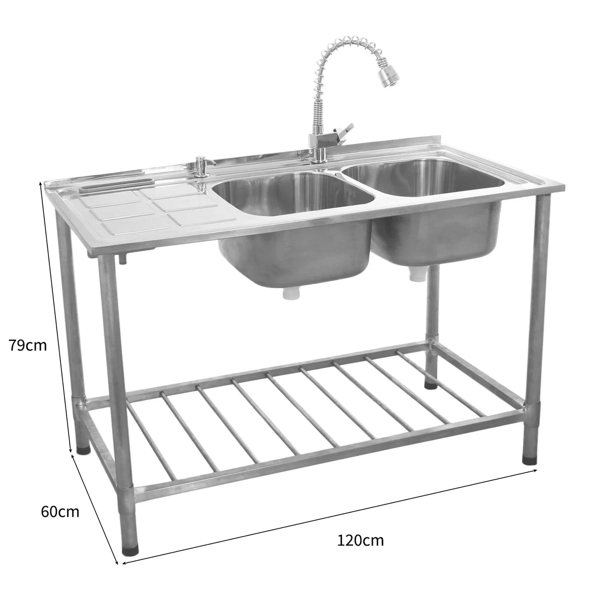 Stainless steel double bowl catering sink with left hand drainer, featuring a sleek design, sturdy frame, and adjustable faucet