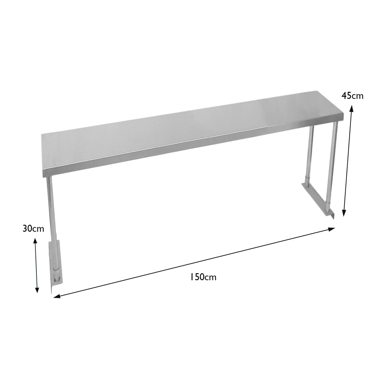 5ft stainless steel catering bench with single over-shelf, featuring a sleek, smooth surface and sturdy legs for stability