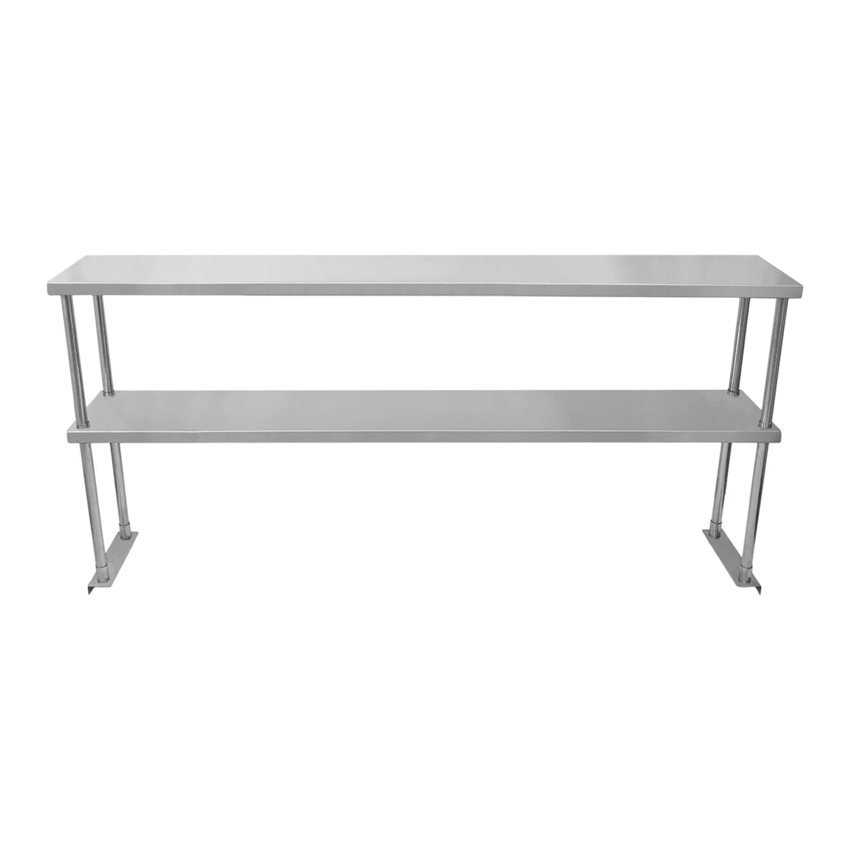 5ft stainless steel catering bench with double over-shelf, featuring a sleek design and sturdy construction for food preparation and serving