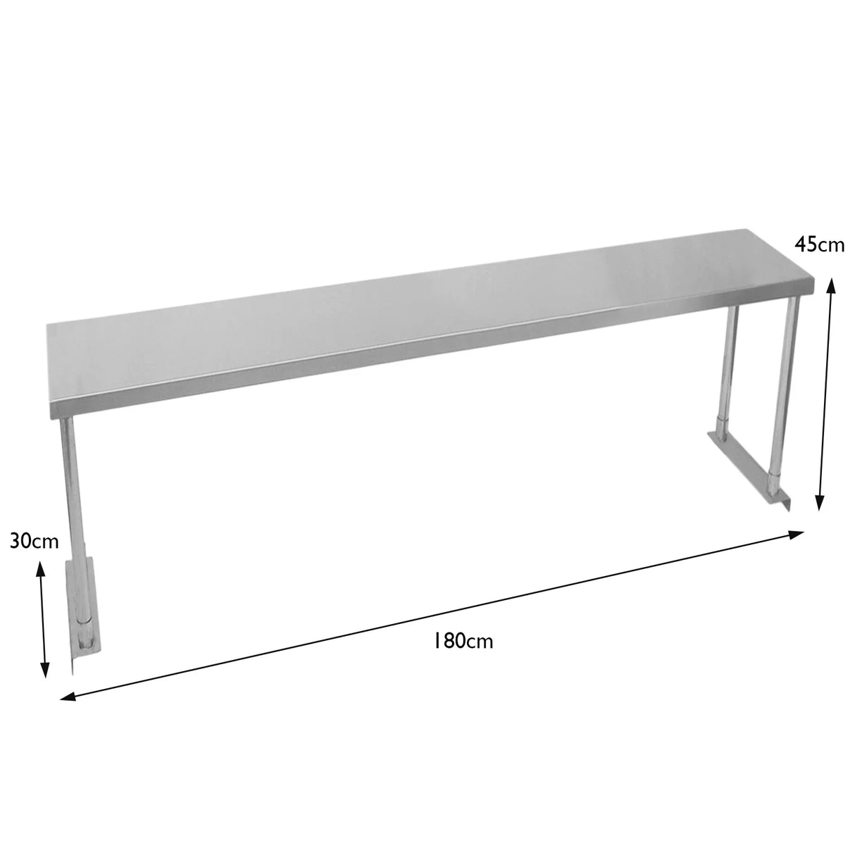 Kukoo single tier steel over-shelf, 180cm long, 30cm deep, 45cm high, featuring a sleek stainless steel finish and sturdy legs