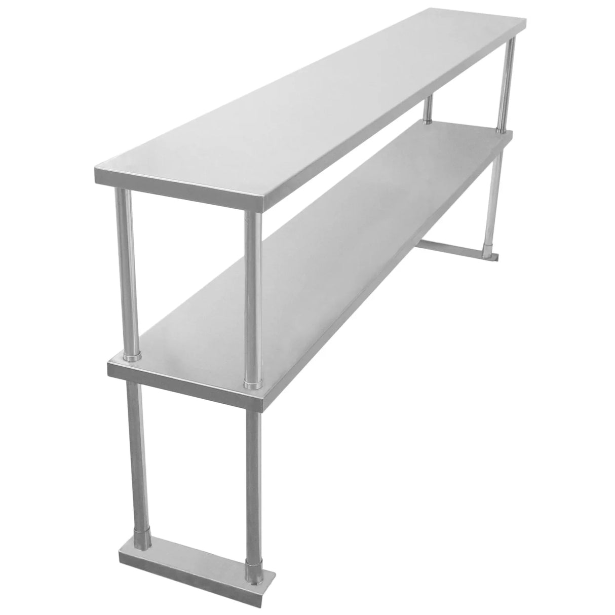 Kukoo double tier steel over-shelf in sleek silver, featuring two spacious, smooth surfaces supported by sturdy metal legs
