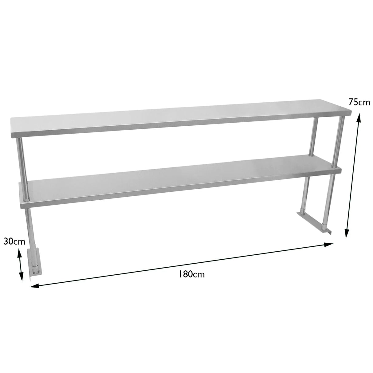Kukoo double tier steel over-shelf in silver, 1800mm long, features two sturdy shelves with a sleek, modern design and adjustable height