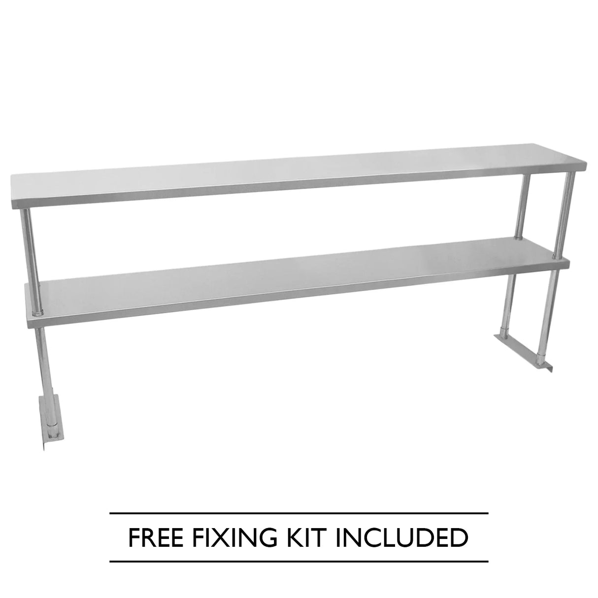Kukoo double tier steel over-shelf in sleek silver finish, featuring two spacious shelves and a free fixing kit included