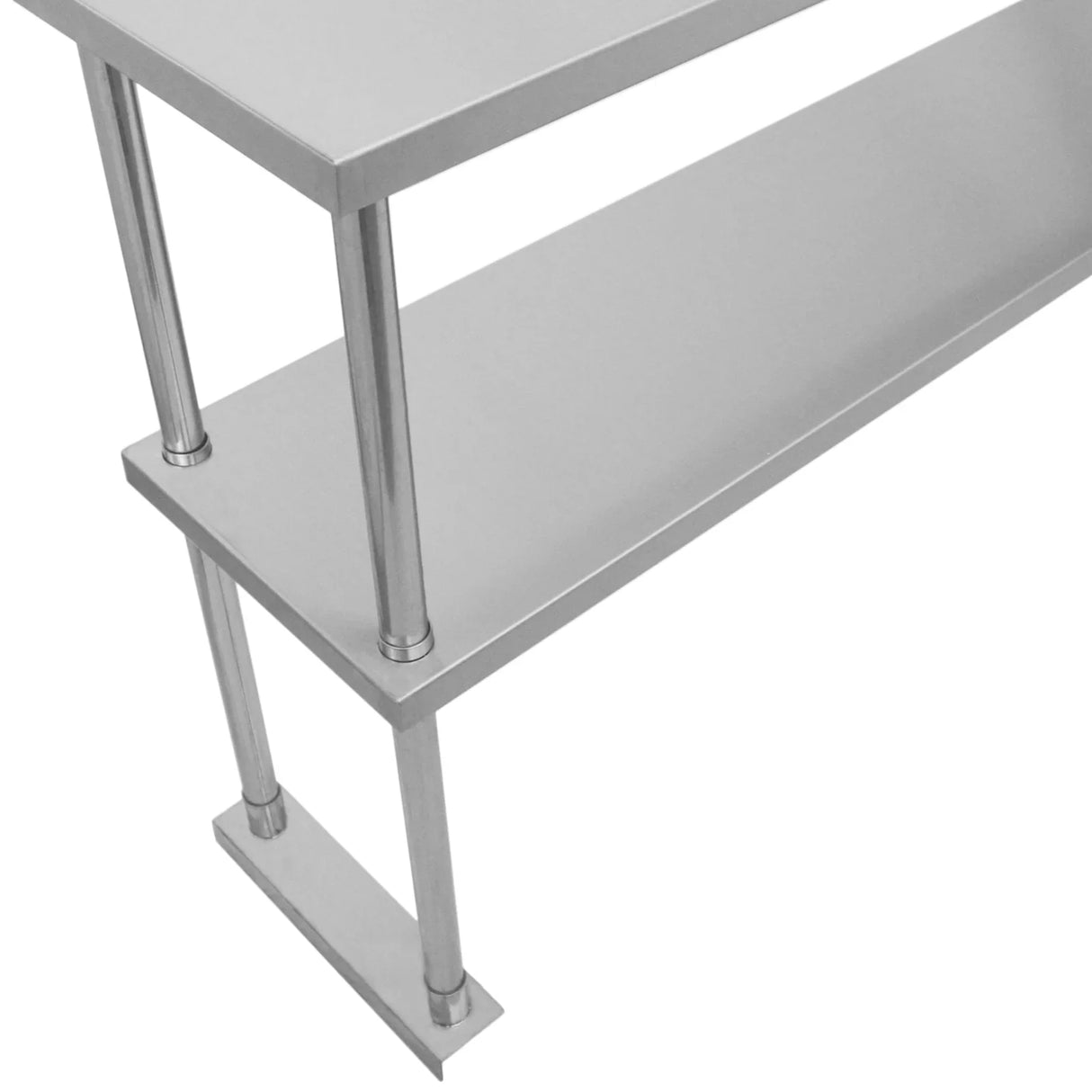 Kukoo 6ft catering bench with double over-shelf, featuring a sleek stainless steel finish and sturdy metal legs for durability