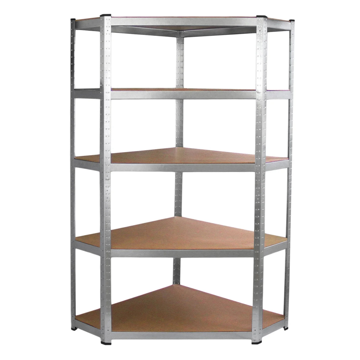 Galwix 90cm corner shelving unit with five sturdy, brown MDF shelves and a durable silver metal frame, ideal for garage organization