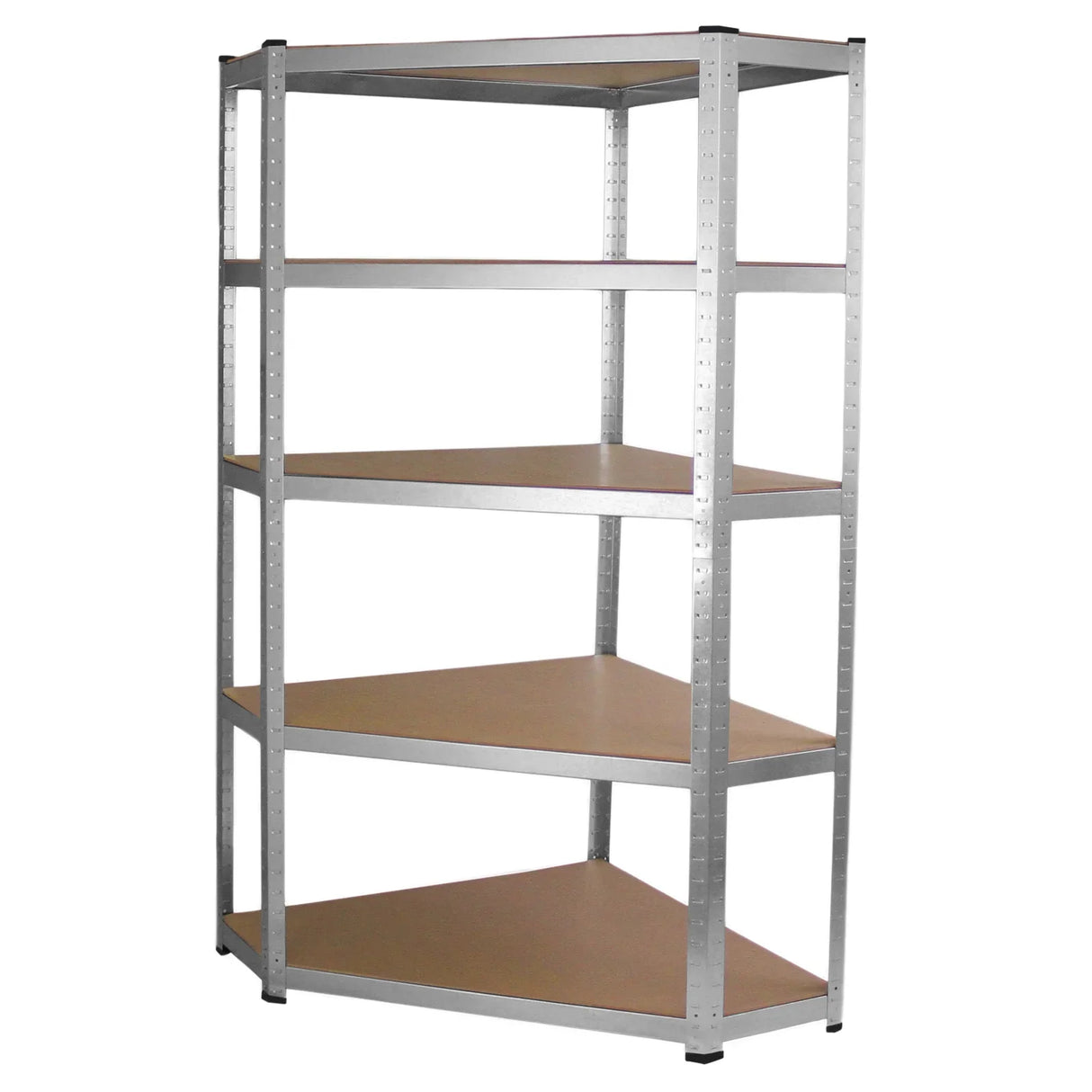 Corner shelving unit with five sturdy wooden shelves, silver metal frame, ideal for garage organization and storage solutions