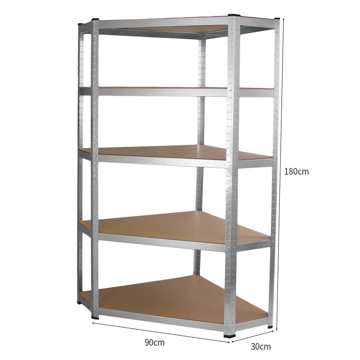 Galwix 90cm corner shelving unit with five sturdy shelves, featuring a sleek metal frame and smooth wooden surfaces for versatile storage