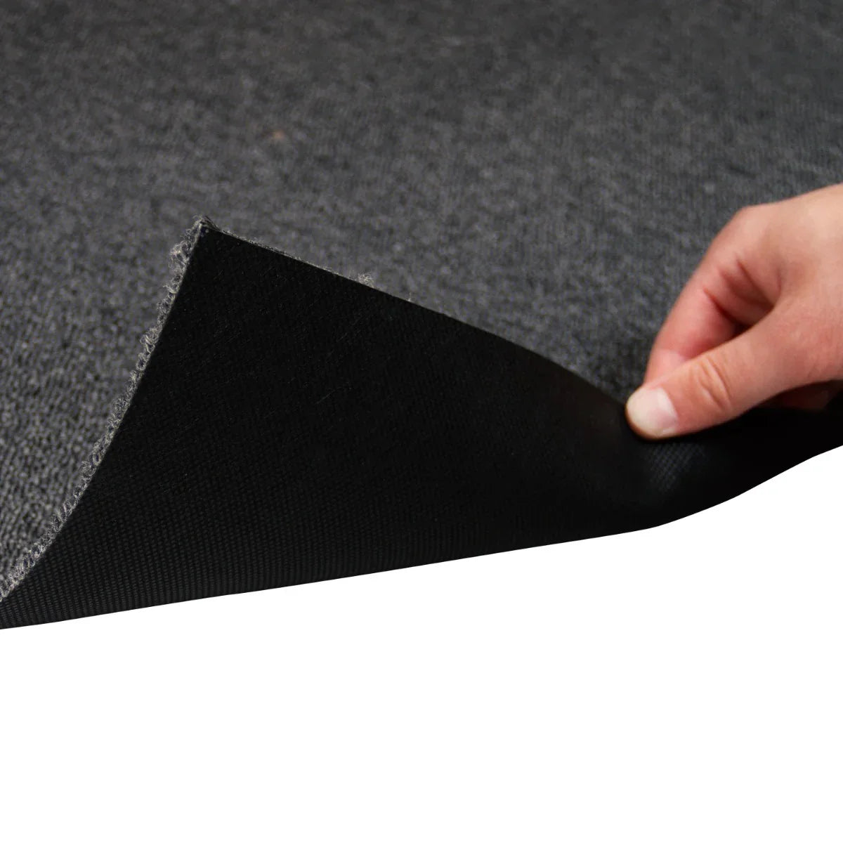 Charcoal black carpet tile showing textured surface and backing, ideal for versatile flooring solutions in various spaces