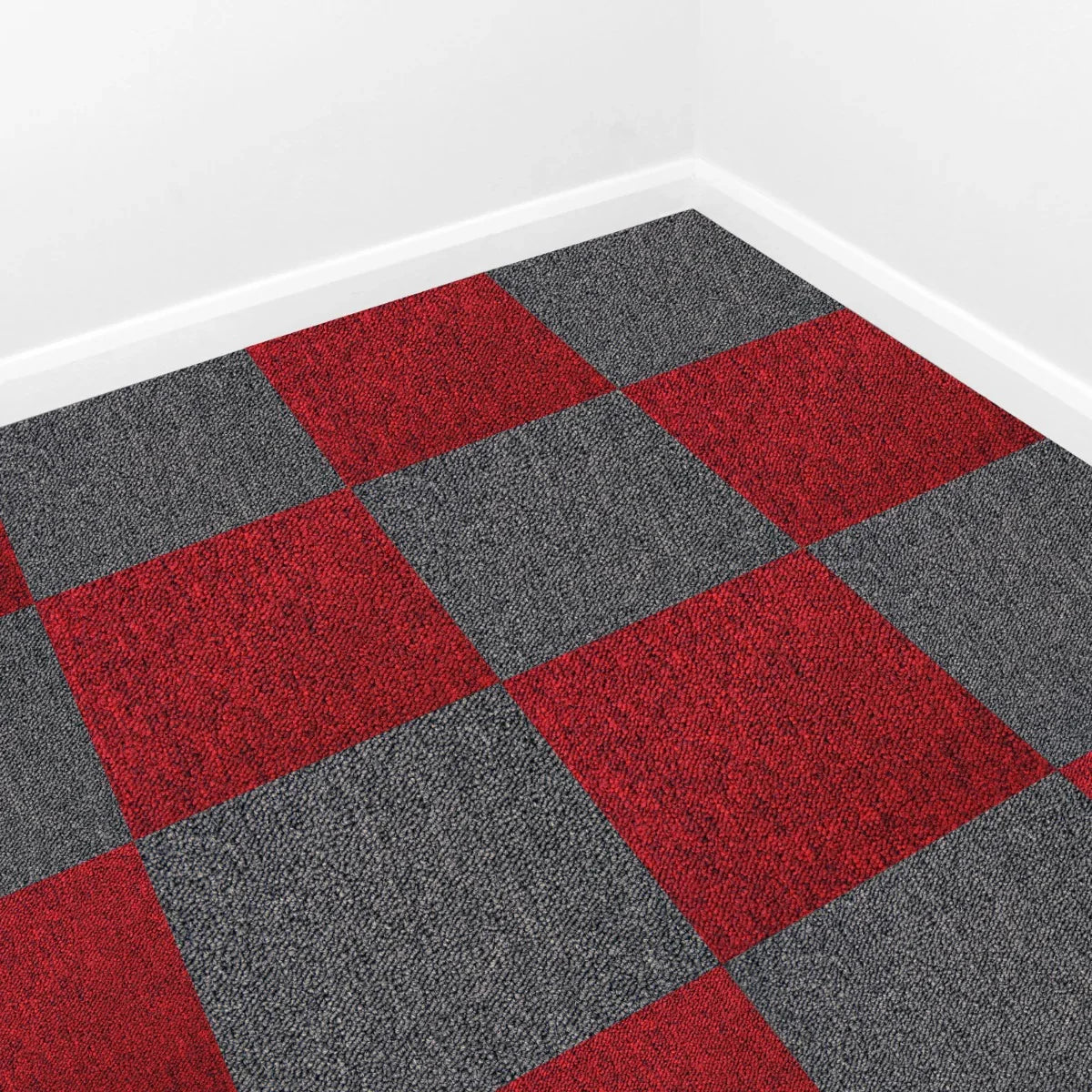 Charcoal black carpet tiles arranged in a checkerboard pattern with red accents, showcasing a textured finish and modern design