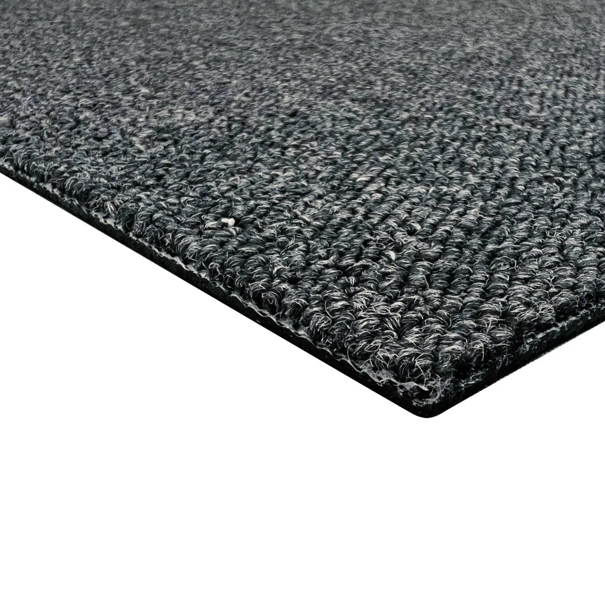 Charcoal black carpet tile with a textured surface, showcasing a durable weave and a sleek edge for easy installation